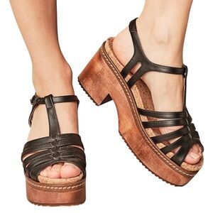 BHAVA Donna Platform Wood Clog in Black Vegan Leather Size 8.5